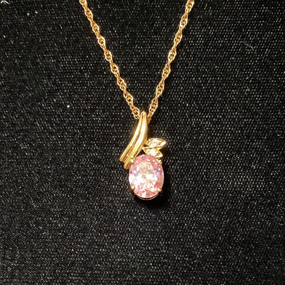 Vintage Gold plated sterling silver pink crystal Pendant and 18” chain Necklace - Picture 9 of 15